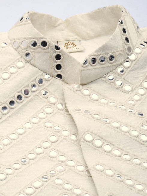Men's Cream Mirror Indo Western Sherwani With Pant Set