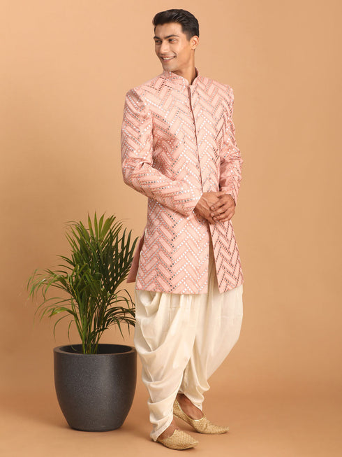 Men's Pink Mirror Indo Western Sherwani With Dhoti Set