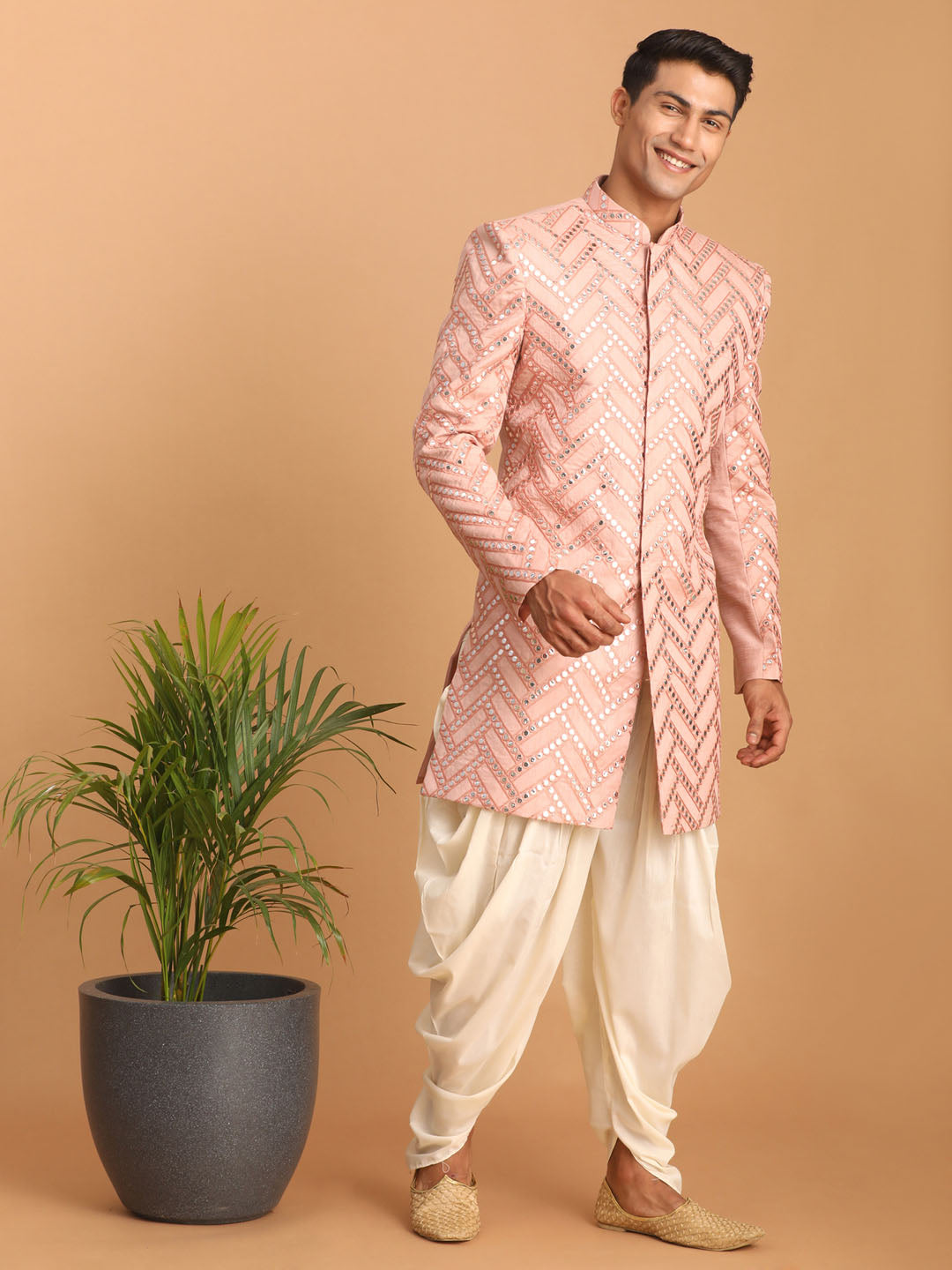 Men's Pink Mirror Indo Western Sherwani With Dhoti Set