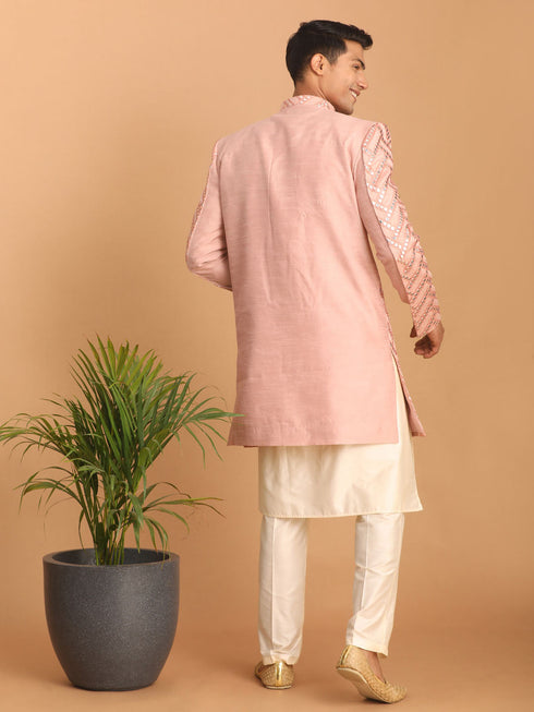 Men's Pink Mirror Indo Western Sherwani With Kurta Pyjama Set