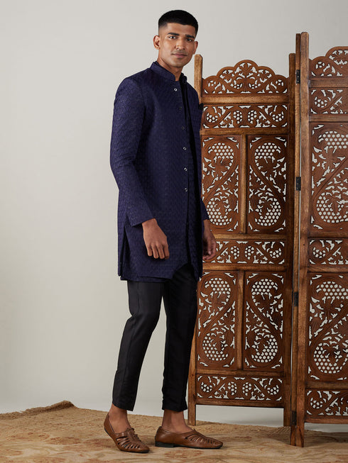 Men's Navy Blue Jacquard Indo With Kurta Pant Set