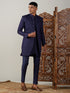 Men's Navy Blue Jacquard Sherwani With Kurta Pant Set