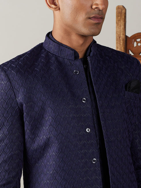 Men's Navy Blue Jacquard Sherwani With Kurta Pant Set