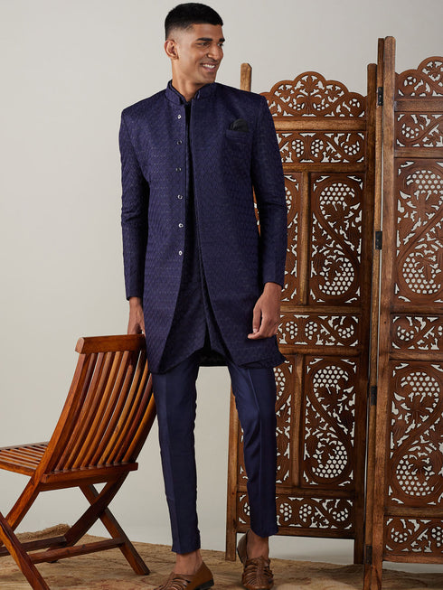 Men's Navy Blue Jacquard Sherwani With Kurta Pant Set
