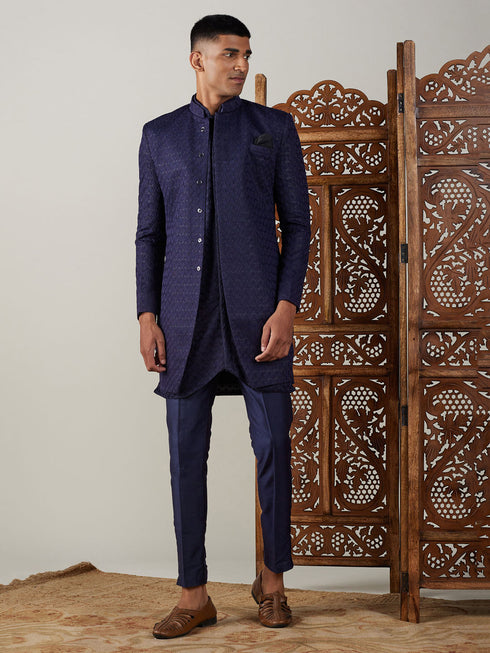 Men's Navy Blue Jacquard Sherwani With Kurta Pant Set