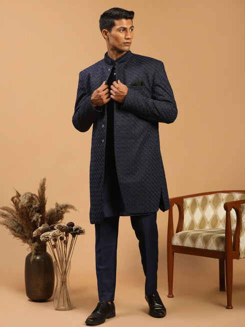 Men's Navy Blue Jacquard Sherwani And Kurta Pant Set