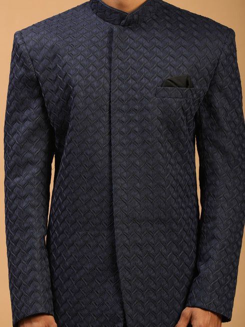 Men's Navy Blue Jacquard Sherwani And Kurta Pant Set