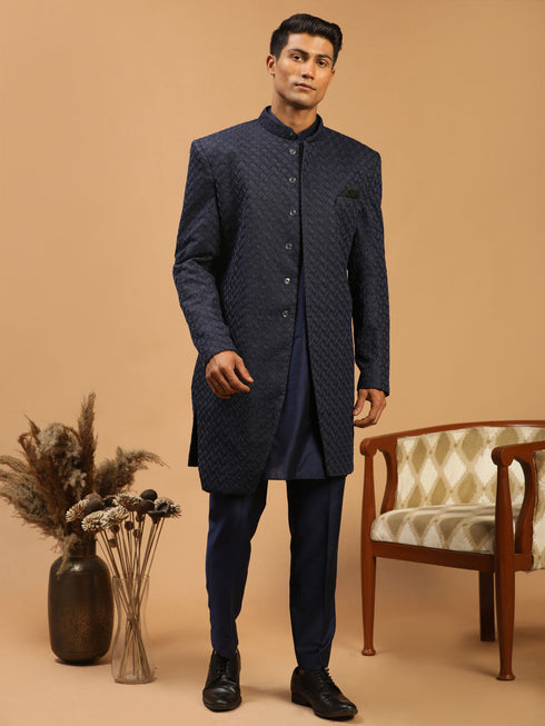 Men's Navy Blue Jacquard Sherwani And Kurta Pant Set