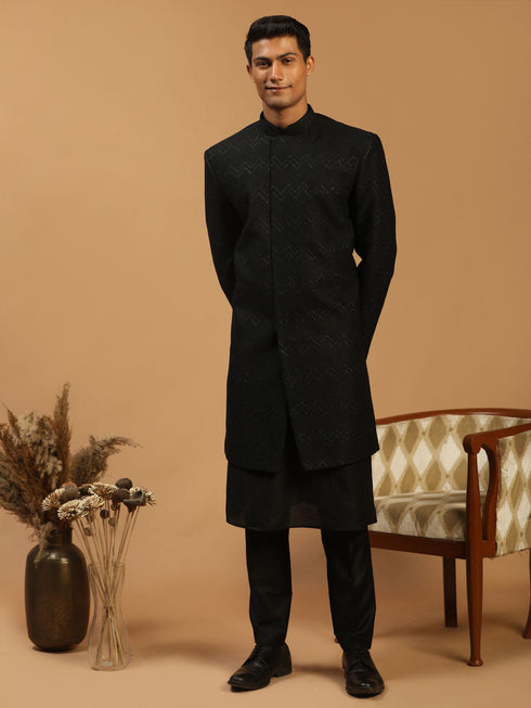 Men's Black Glitter Indo Sherwani With Kurta Pant Set