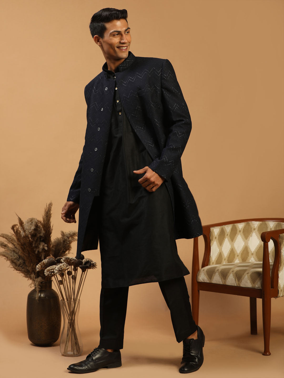 Men's Black Glitter Indo Sherwani With Kurta Pant Set