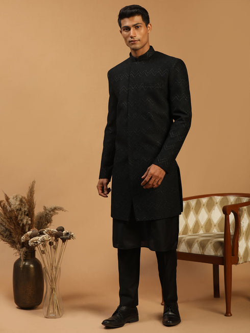 Men's Black Glitter Indo Sherwani With Kurta Pant Set
