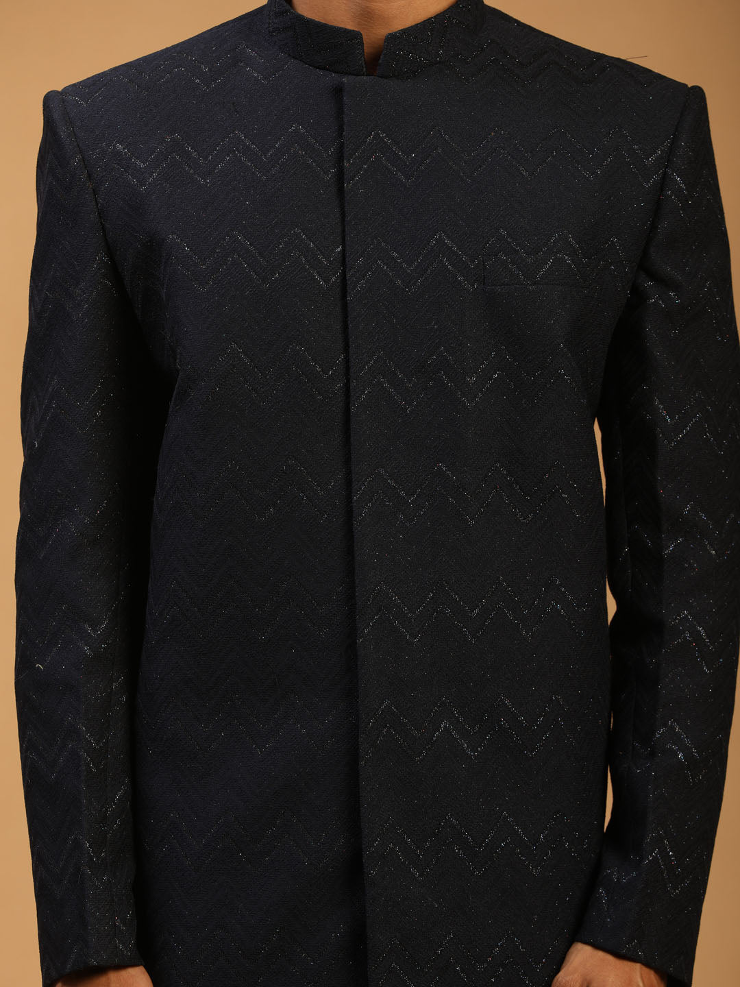 Men's Navy Blue Glitter Indo Western Sherwani With Kurta Pant Set