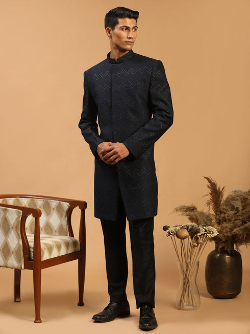 Men's Navy Blue Glitter Indo Western Sherwani Set