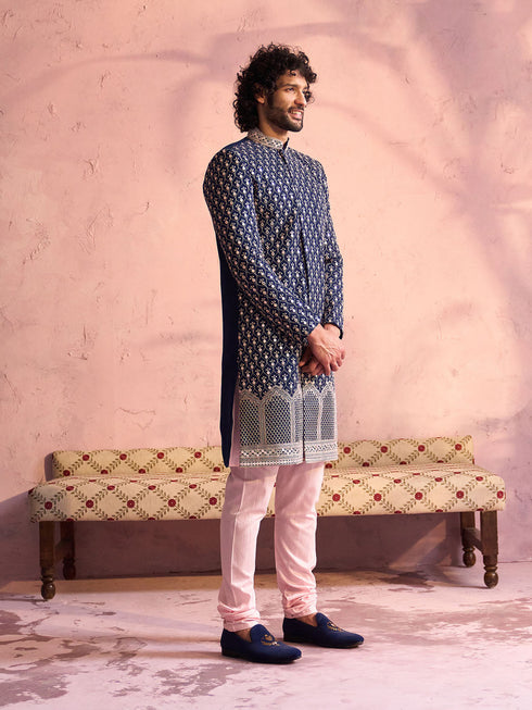 Men's Navy Blue And Pink Georgette Sherwani With Kurta Pyjama Set