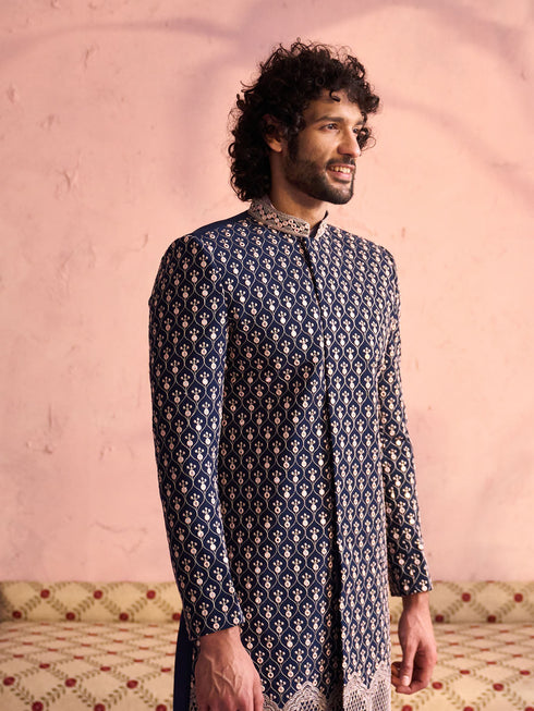 Men's Navy Blue And Pink Georgette Sherwani With Kurta Pyjama Set