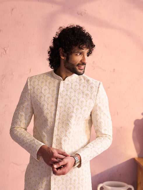 Men's Cream Georgette Embellished Indo Western Set