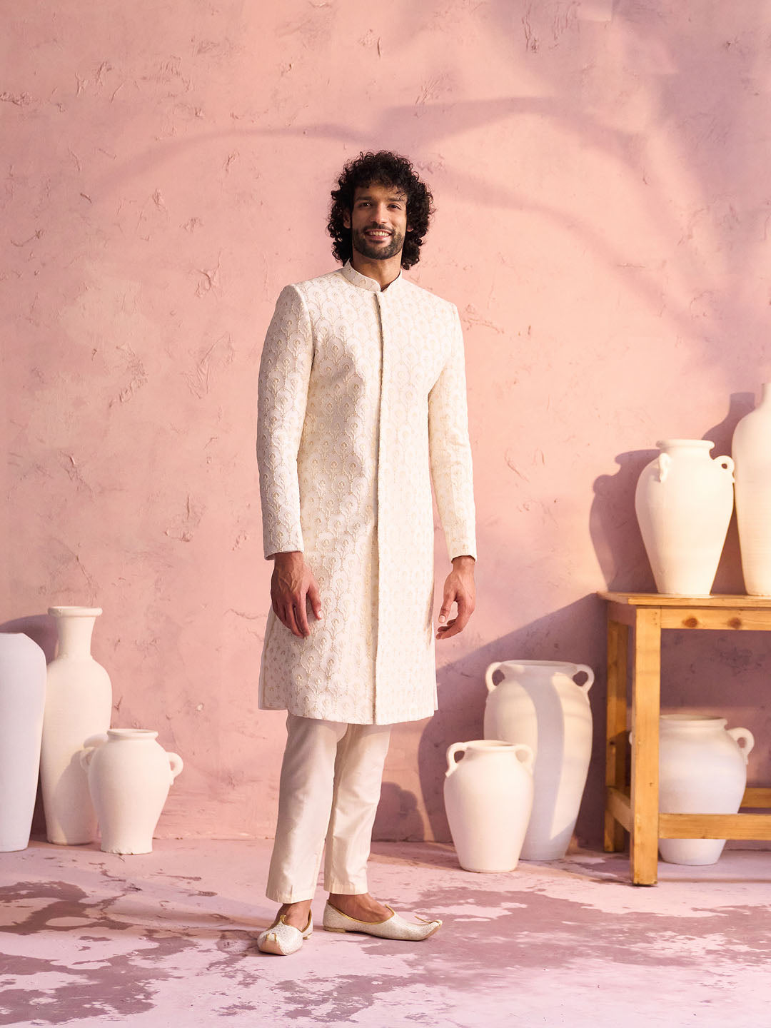 Men's Cream Georgette Embellished Indo Western Set