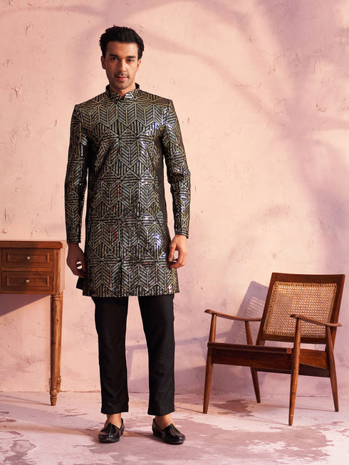 Men's Black Georgette Embellished Indo Set