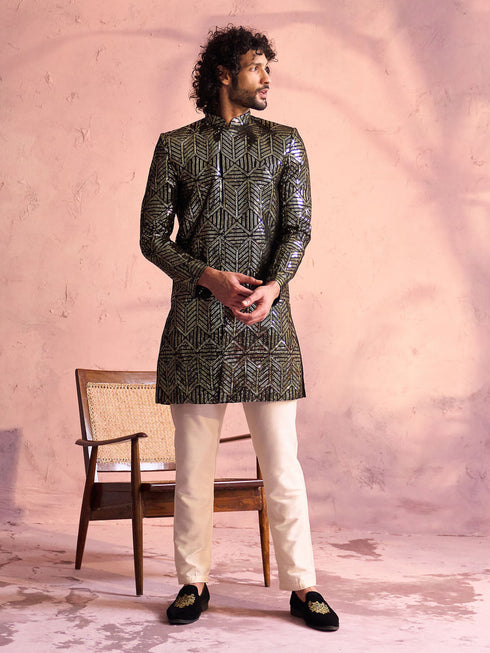 Men's Black Georgette Embellished Indo Set