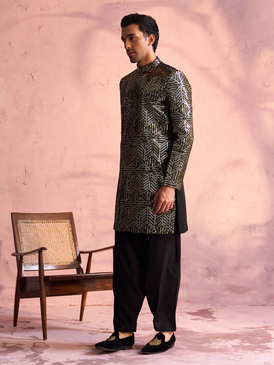 Men's Black Georgette Embellished Indo Set