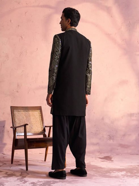 Men's Black Georgette Embellished Indo Set