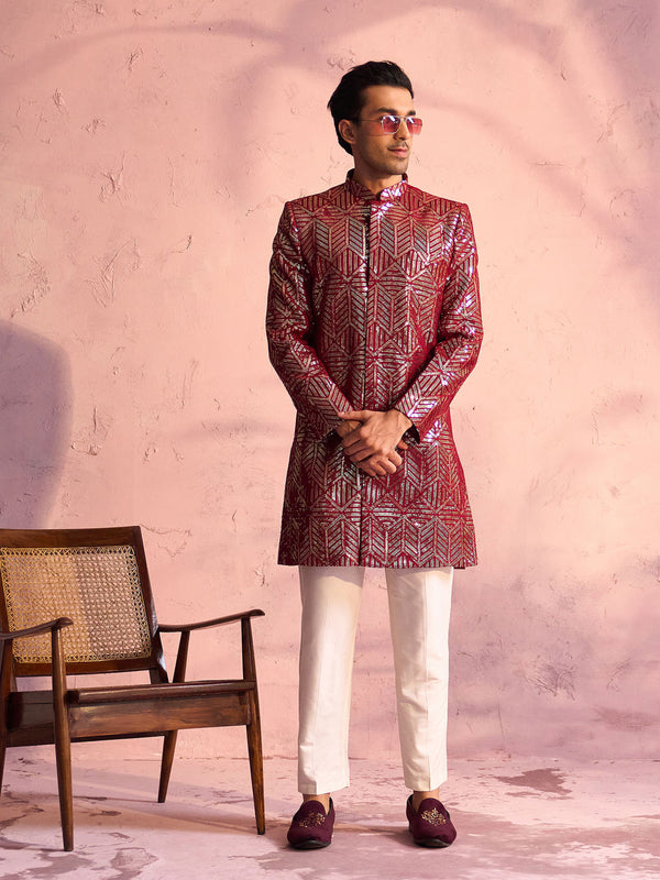 Men's Maroon Georgette Embellished Indo Set