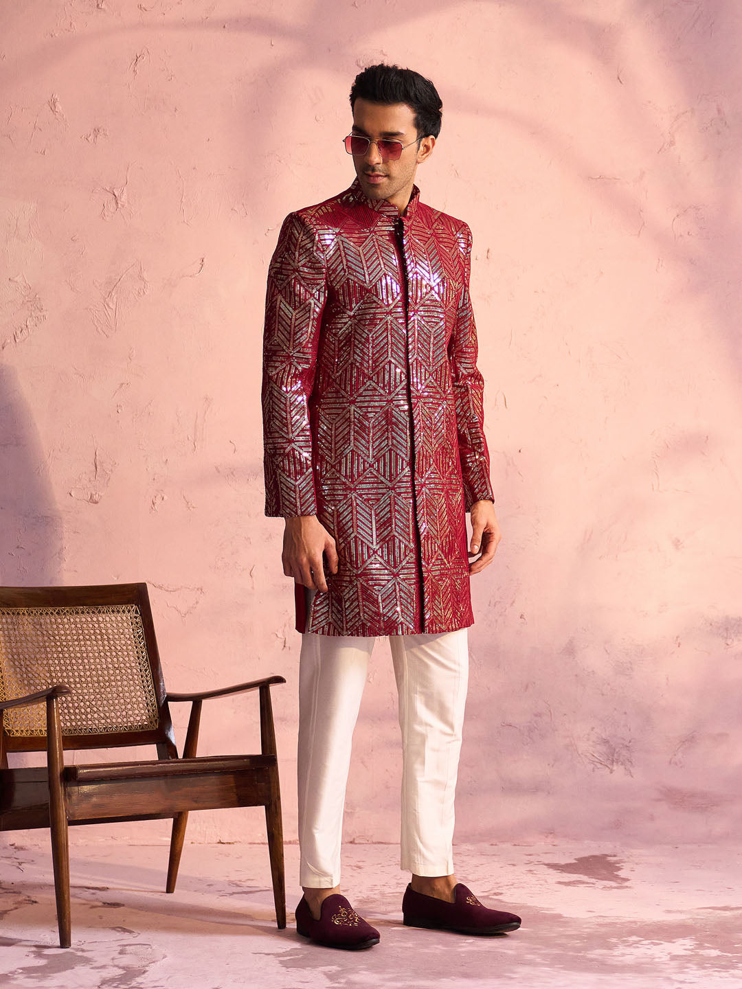 Men's Maroon Georgette Embellished Indo Set