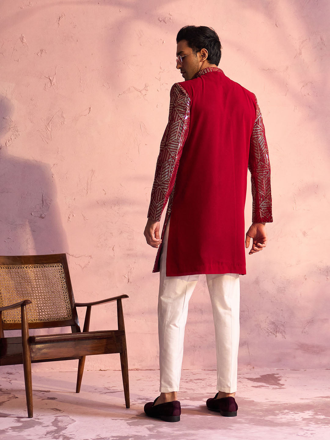 Men's Maroon Georgette Embellished Indo Set