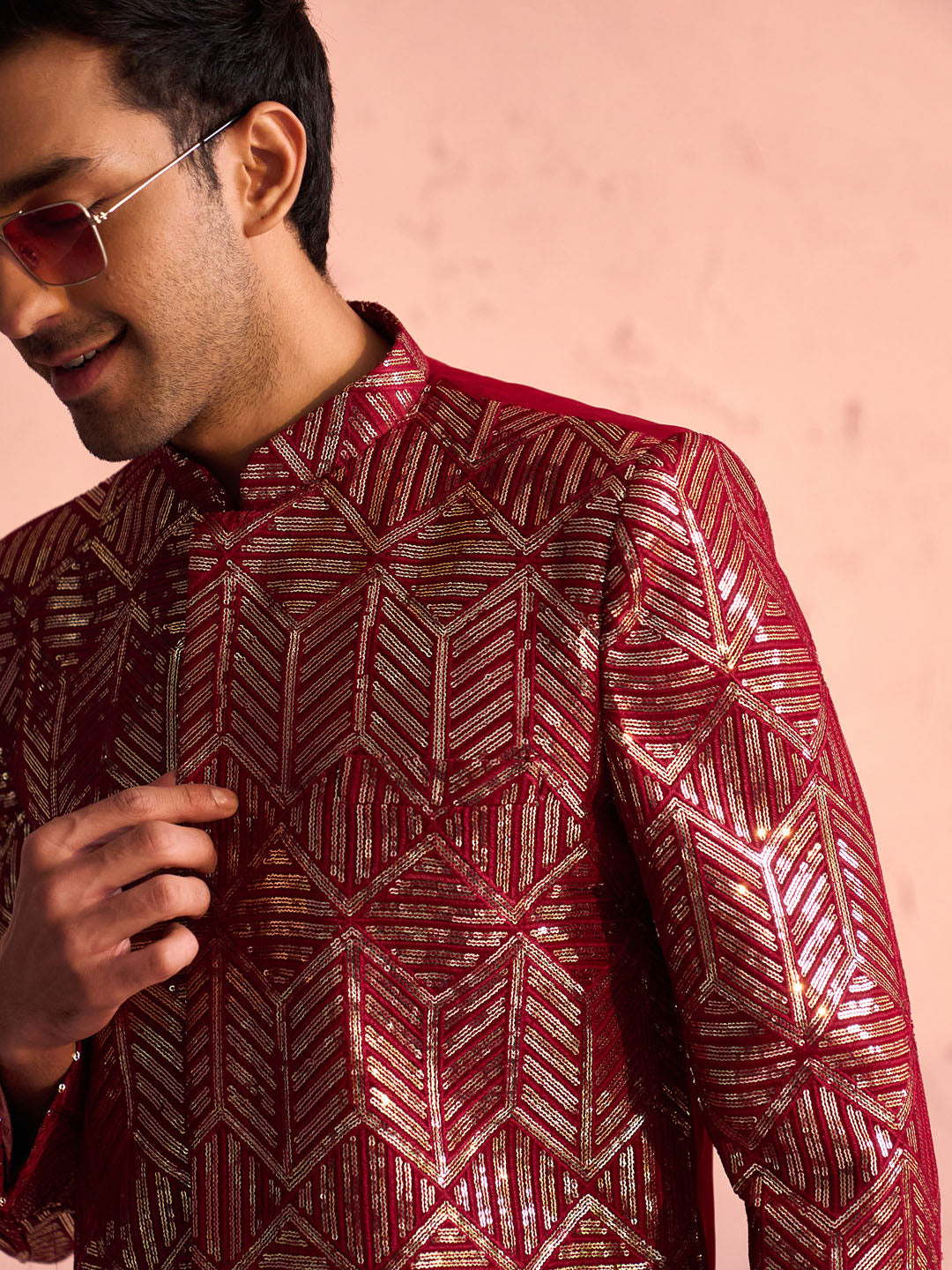 Men's Maroon Georgette Embellished Indo Set