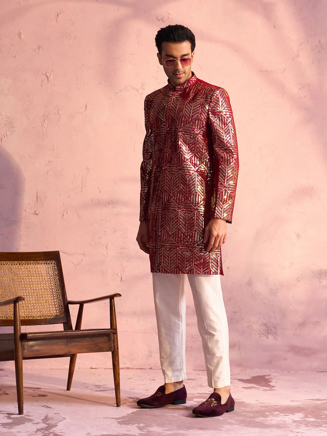 Men's Maroon Georgette Embellished Indo Set