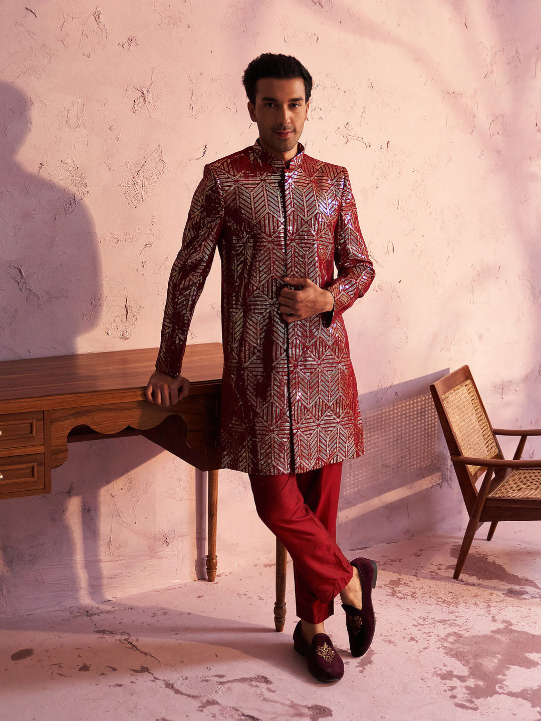 Men's Maroon Georgette Embellished Indo Set