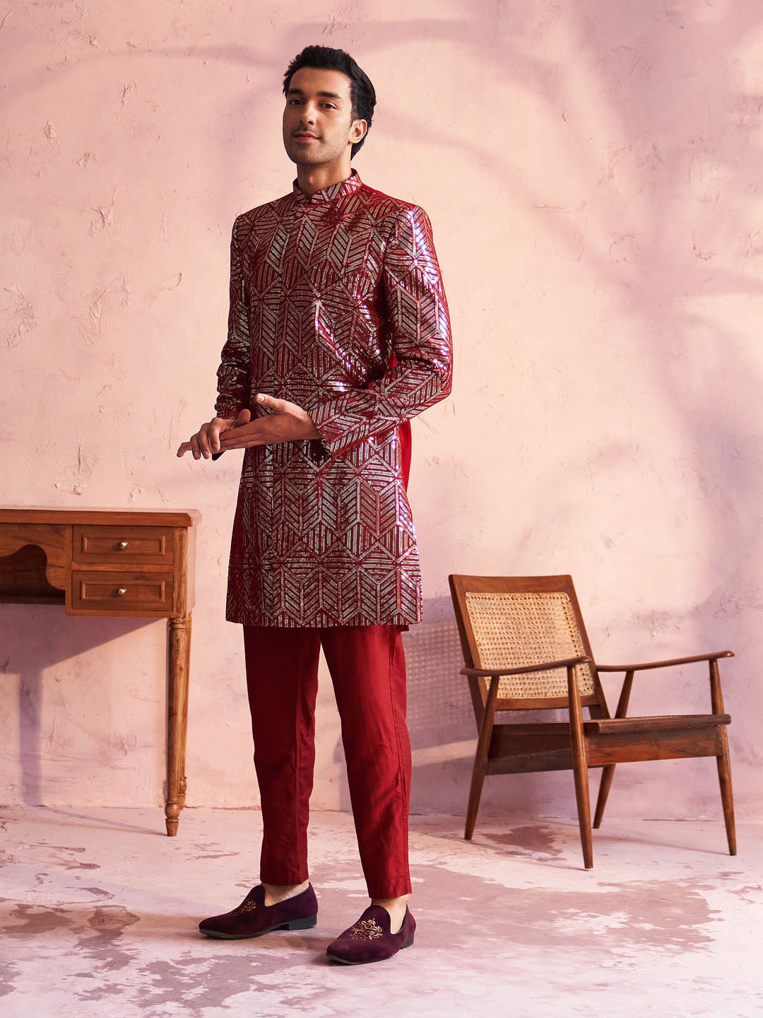 Men's Maroon Georgette Embellished Indo Set