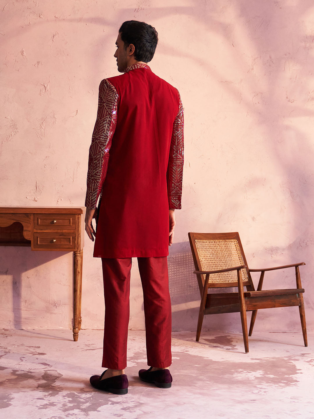 Men's Maroon Georgette Embellished Indo Set