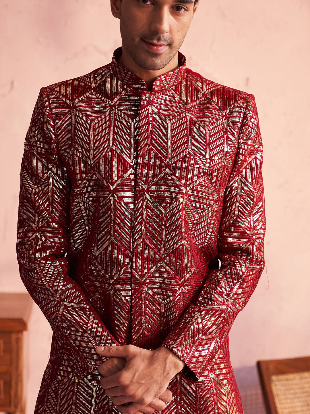 Men's Maroon Georgette Embellished Indo Set