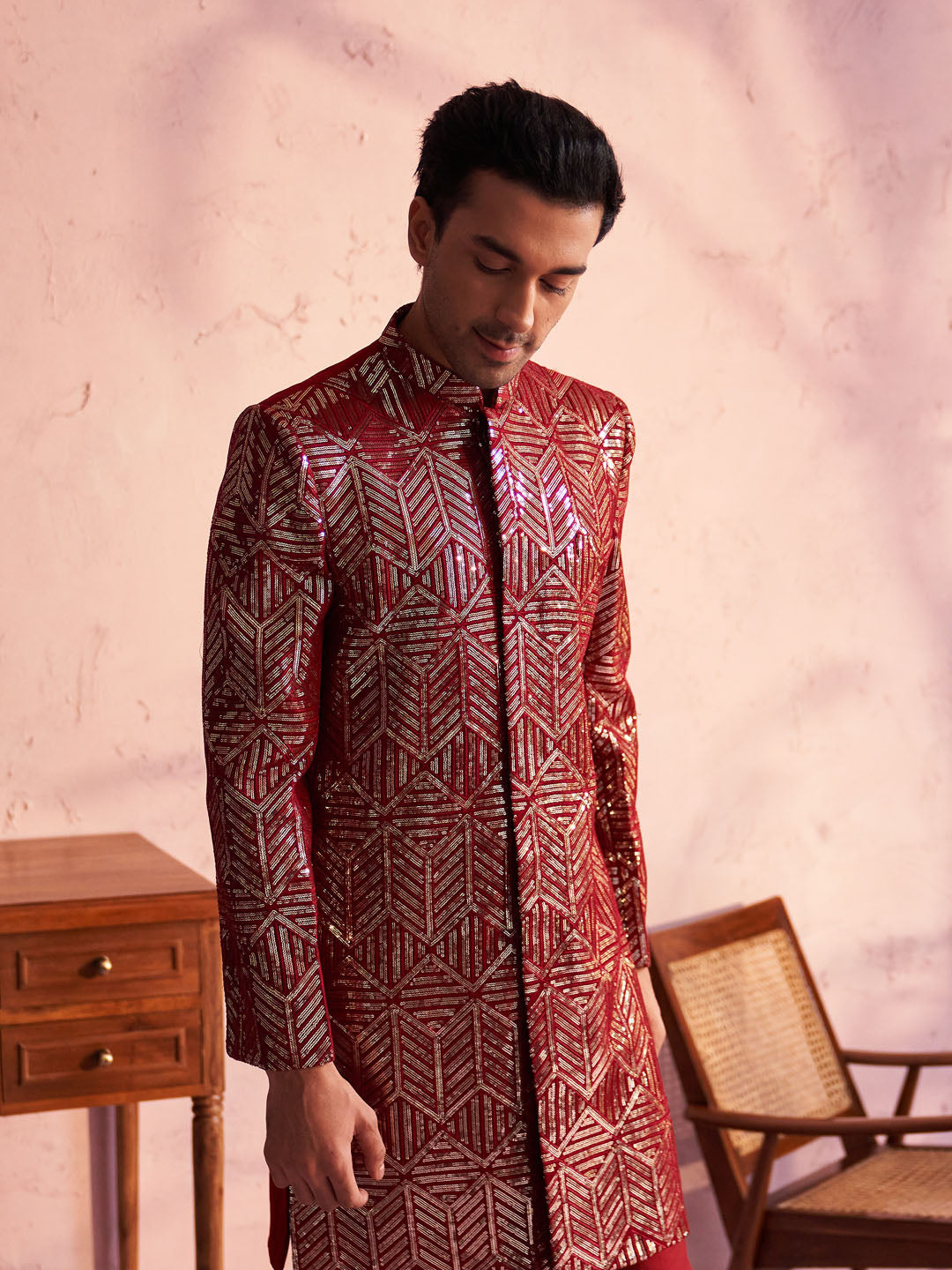 Men's Maroon Georgette Embellished Indo Set