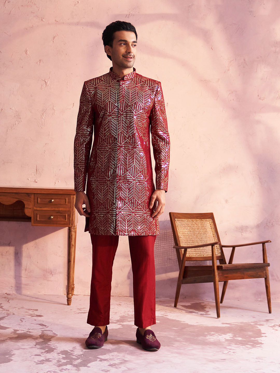 Men's Maroon Georgette Embellished Indo Set