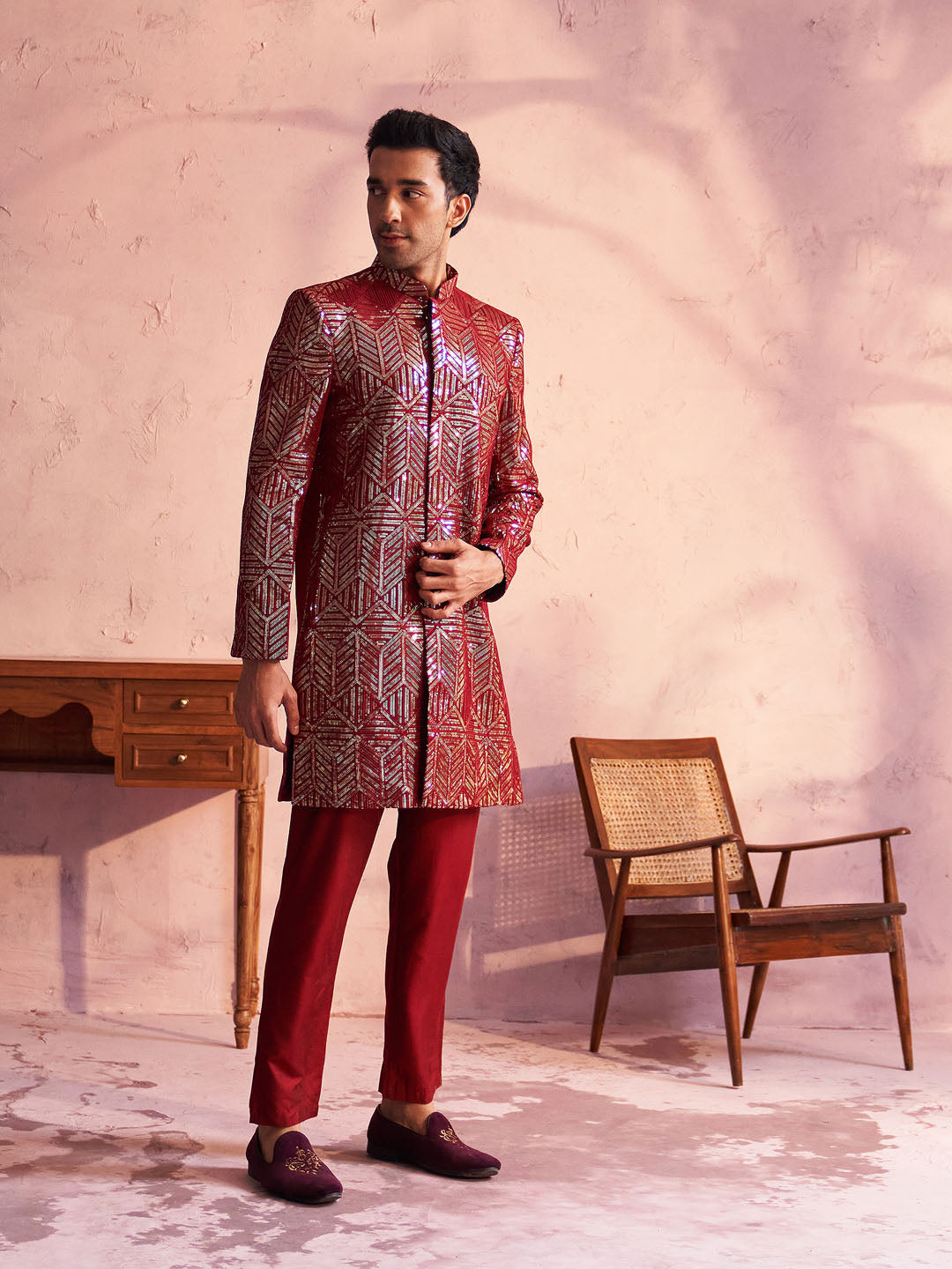 Men's Maroon Georgette Embellished Indo Set