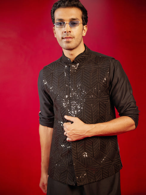 Men's Black Sequince Nehru Jacket