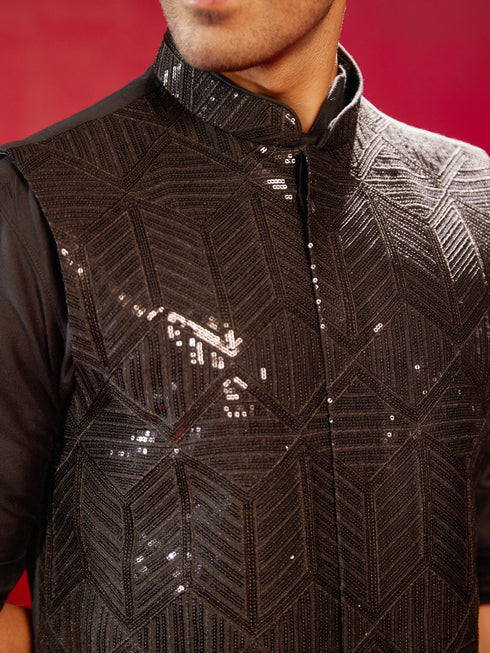 Men's Black Sequince Nehru Jacket