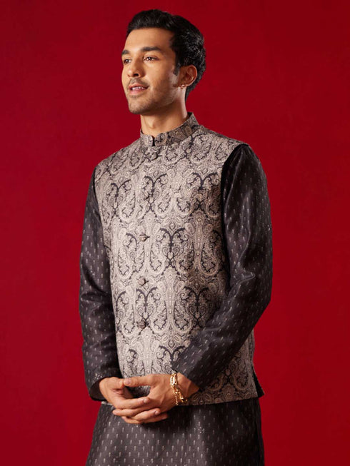 Men's Black Jacquard Silk Blend Ethnic Jacket