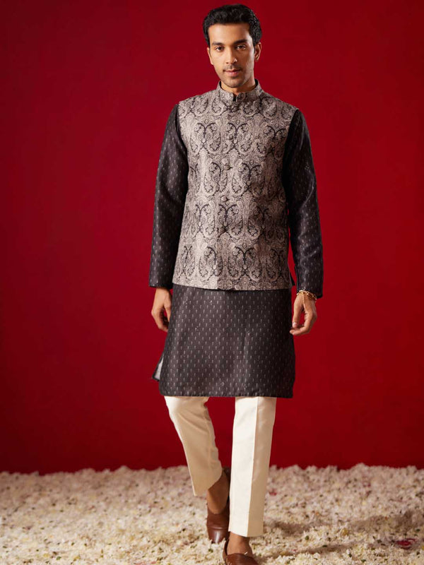 Men's Black Jacquard Silk Blend Ethnic Jacket With Kurta Pant Set