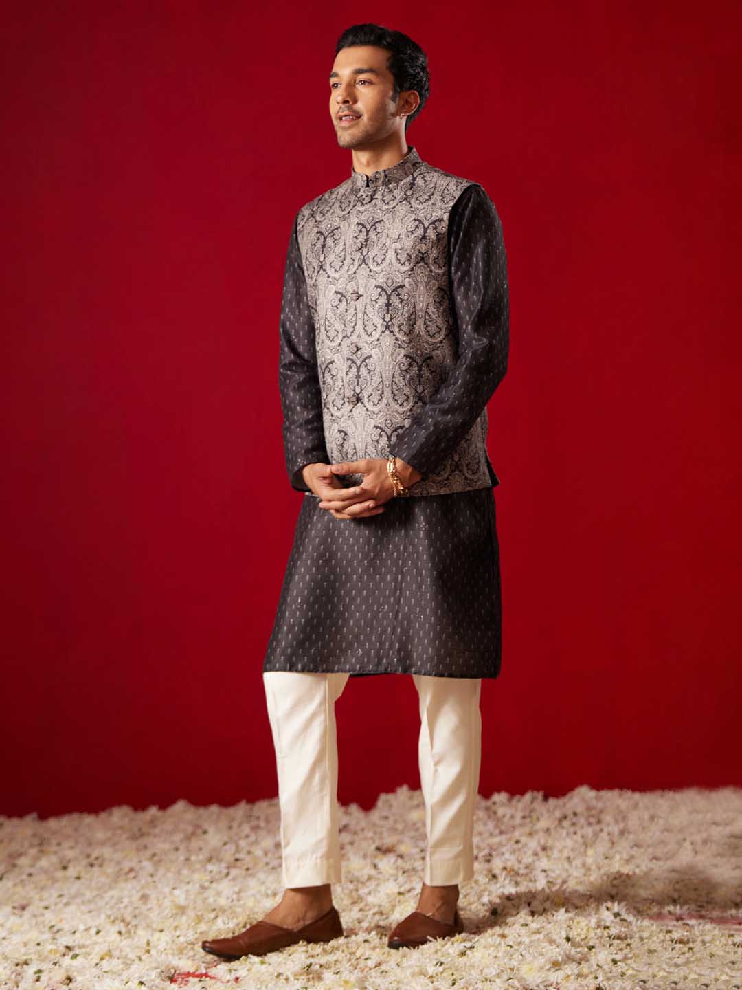 Men's Black Jacquard Silk Blend Ethnic Jacket With Kurta Pant Set