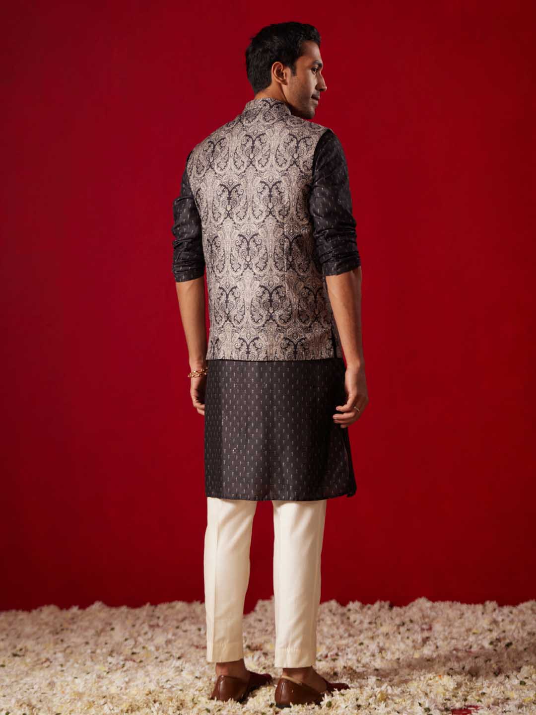 Men's Black Jacquard Silk Blend Ethnic Jacket With Kurta Pant Set