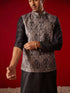 Men's Black Jacquard Silk Blend Ethnic Jacket With Kurta Pant Set