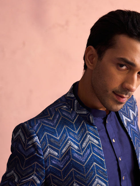 Men's Navy Blue Silk Embroidered Jodhpuri