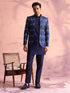 Men's Navy Blue Silk Embroidered Jodhpuri With Curved Kurta Pant Set