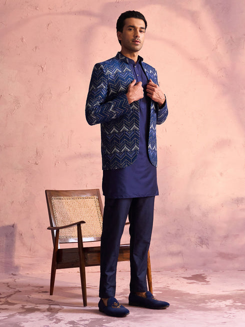 Men's Navy Blue Silk Embroidered Jodhpuri With Curved Kurta Pant Set