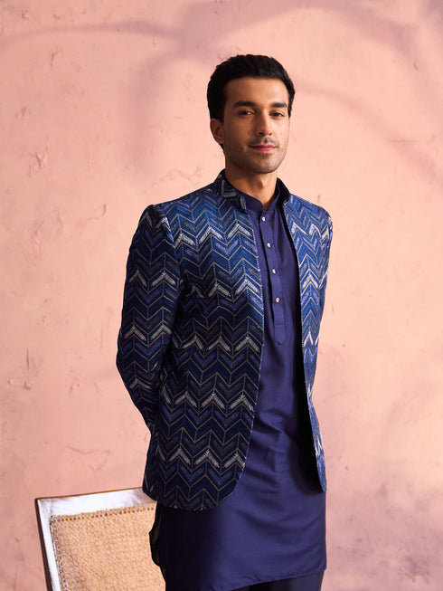 Men's Navy Blue Silk Embroidered Jodhpuri With Curved Kurta Pant Set