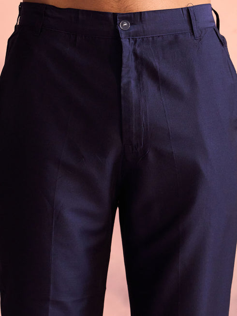 Men's Navy Blue Silk Embroidered Jodhpuri With Curved Kurta Pant Set