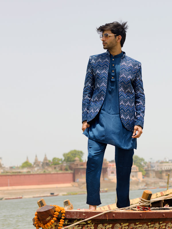 Men's Navy Blue Silk Embroidered Jodhpuri With Curved Kurta Pant Set
